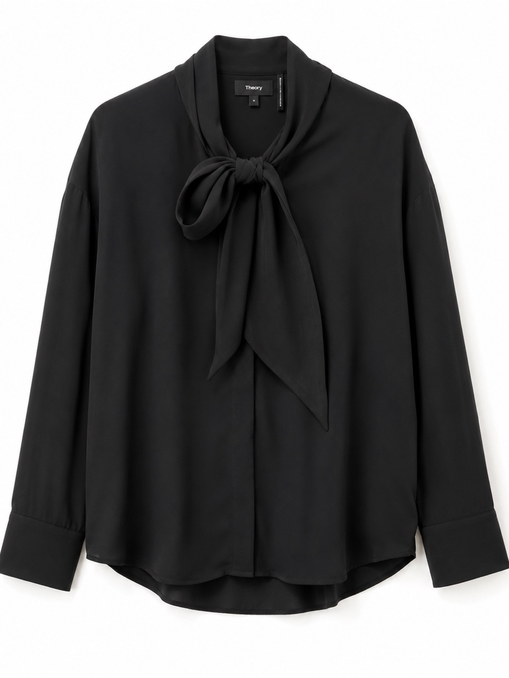 Theory Black Tie Neck Blouse Size M Long Sleeve Career Top